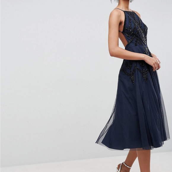 NWOT‎ ASOS Design  navy blue tulle dress with black beading and open back - Picture 2 of 9